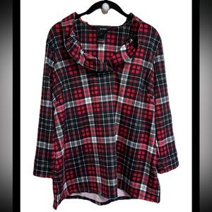 Ali Miles Tunic Top Size Small Red Tartan Plaid Ruffle Neck  Ladenlook NEW